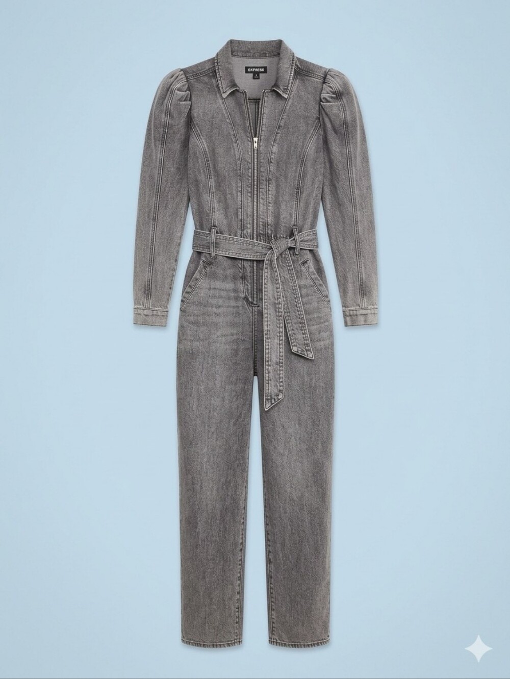 Express Gray Denim Belted Jumpsuit with Puff Shoulders